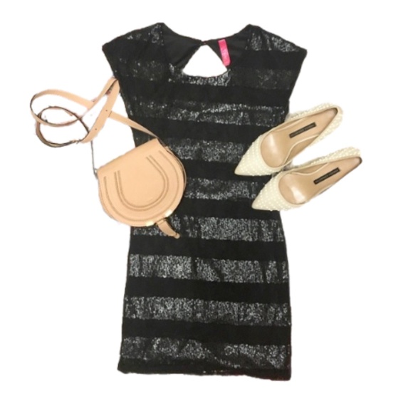 Sequin Lace Stripe Open Keyhole Back Little Black Dress - Picture 7 of 9